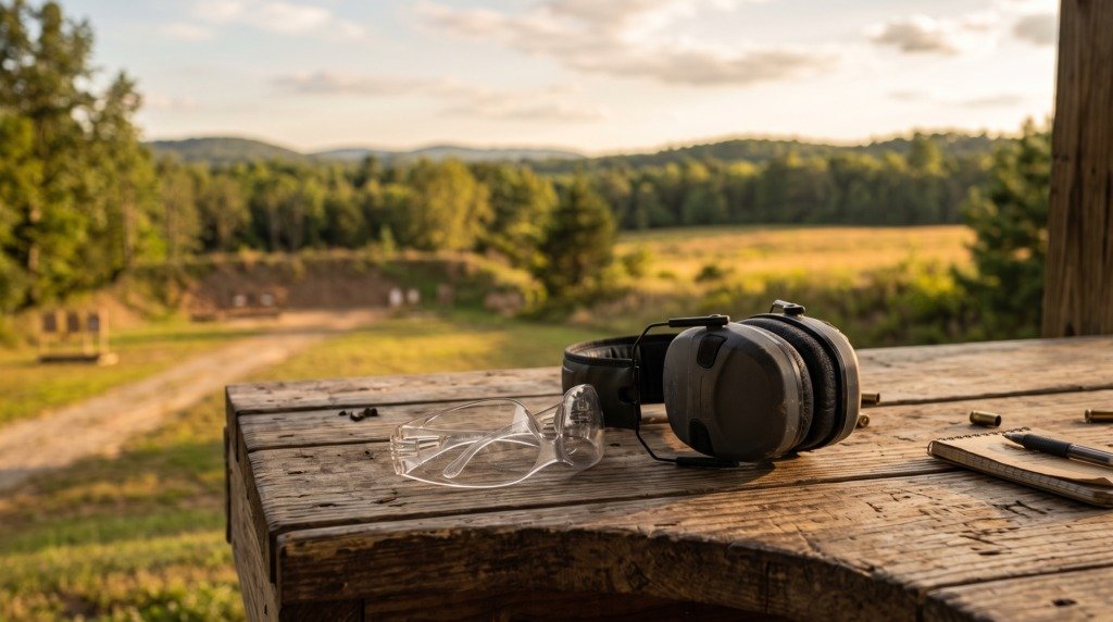 Safety glasses and ear protection resting on a wooden shooting range table at sunset