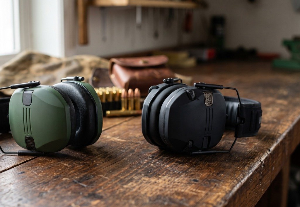 Electronic and passive ear protection earmuffs side by side on a range table