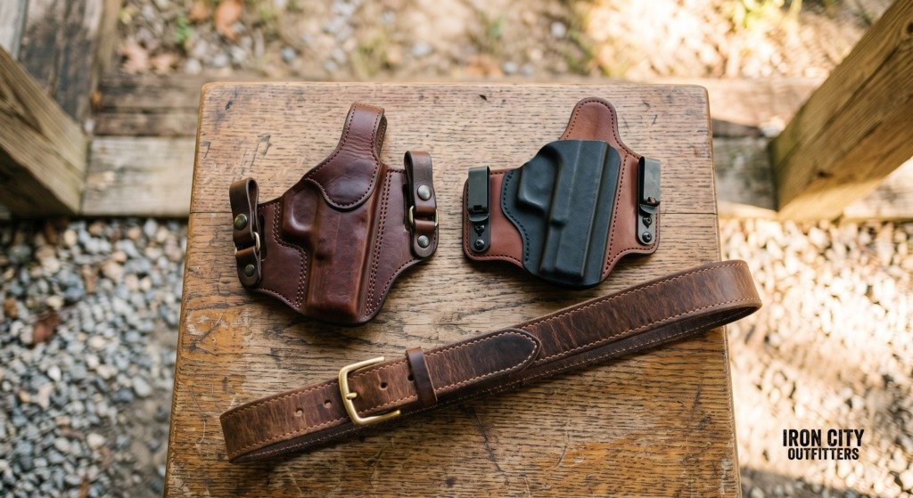 OWB and IWB holsters with a leather gun belt laid out on a wooden bench, Iron City Outfitters